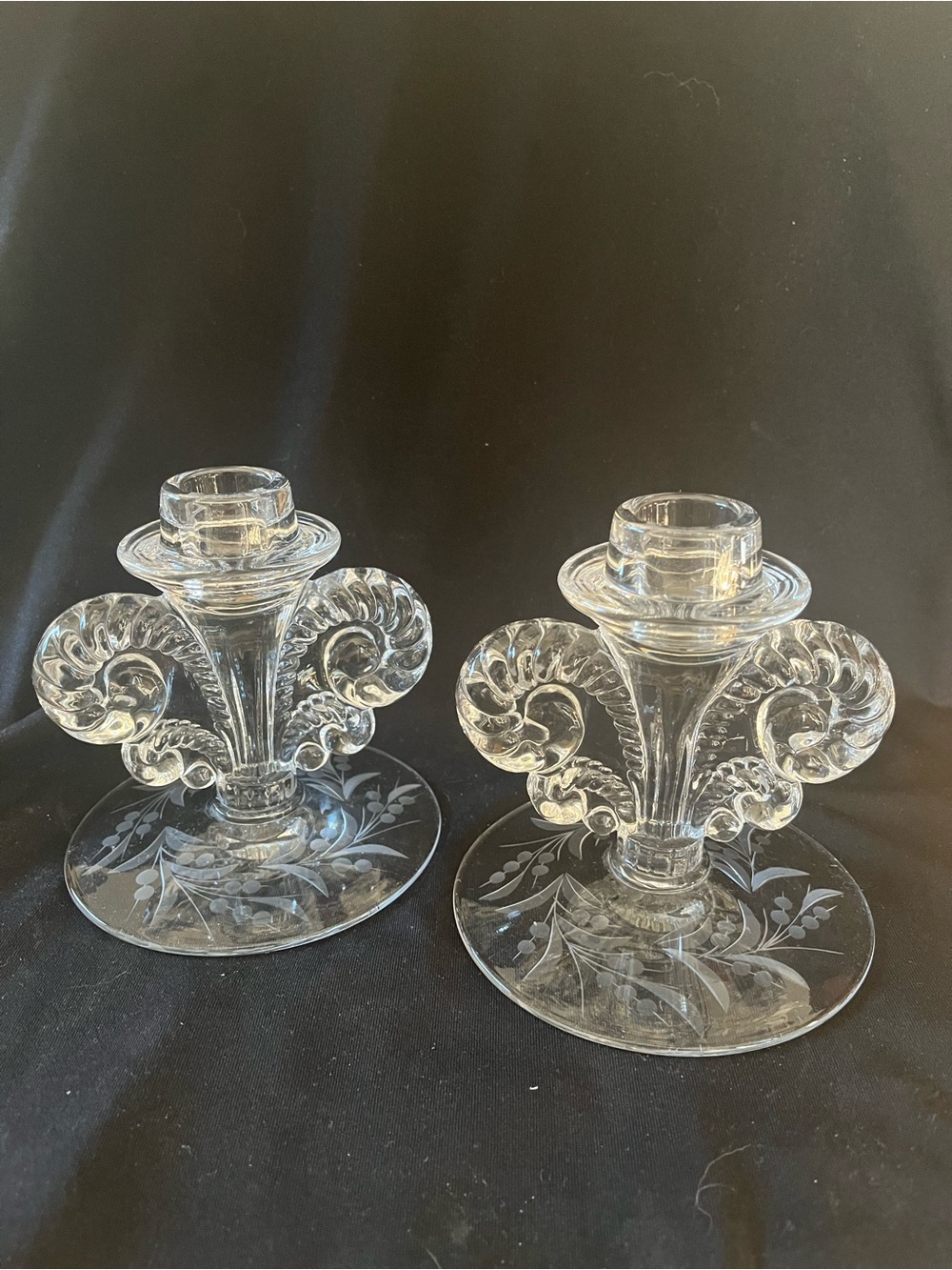 Fostoria Clear Glass Scroll-Arm Candlestick Pair - Elegant Home Accents